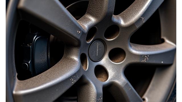 Tesla wheel with caked-on brake dust before detailing